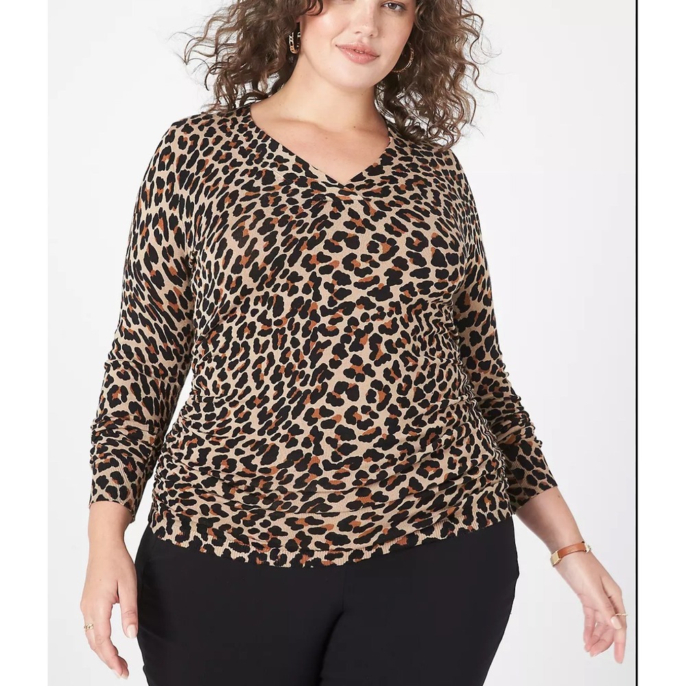Lane Bryant Leopard Print V-Neck Long Sleeve Ruched Pullover Sweater Size 22/24